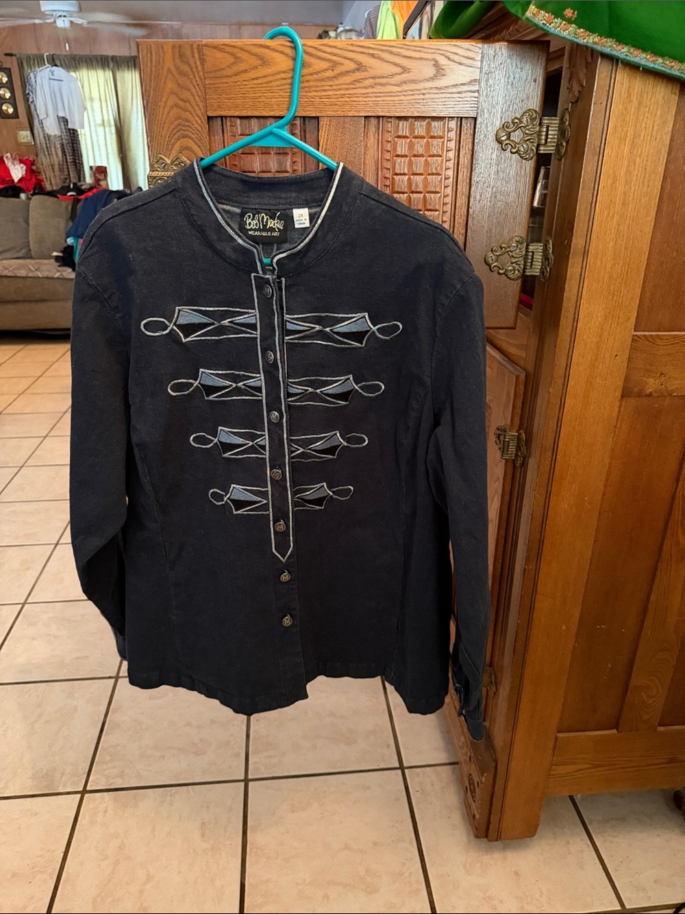 Bob Mackie Black Denim Embroidered Military-Style Top